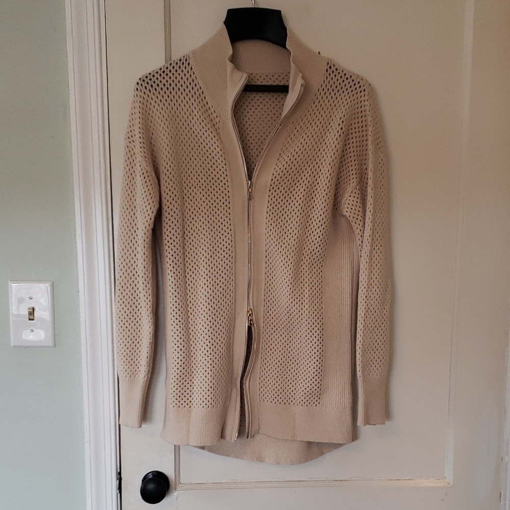 Beige Knit Two Way Zip-Up Cardigan